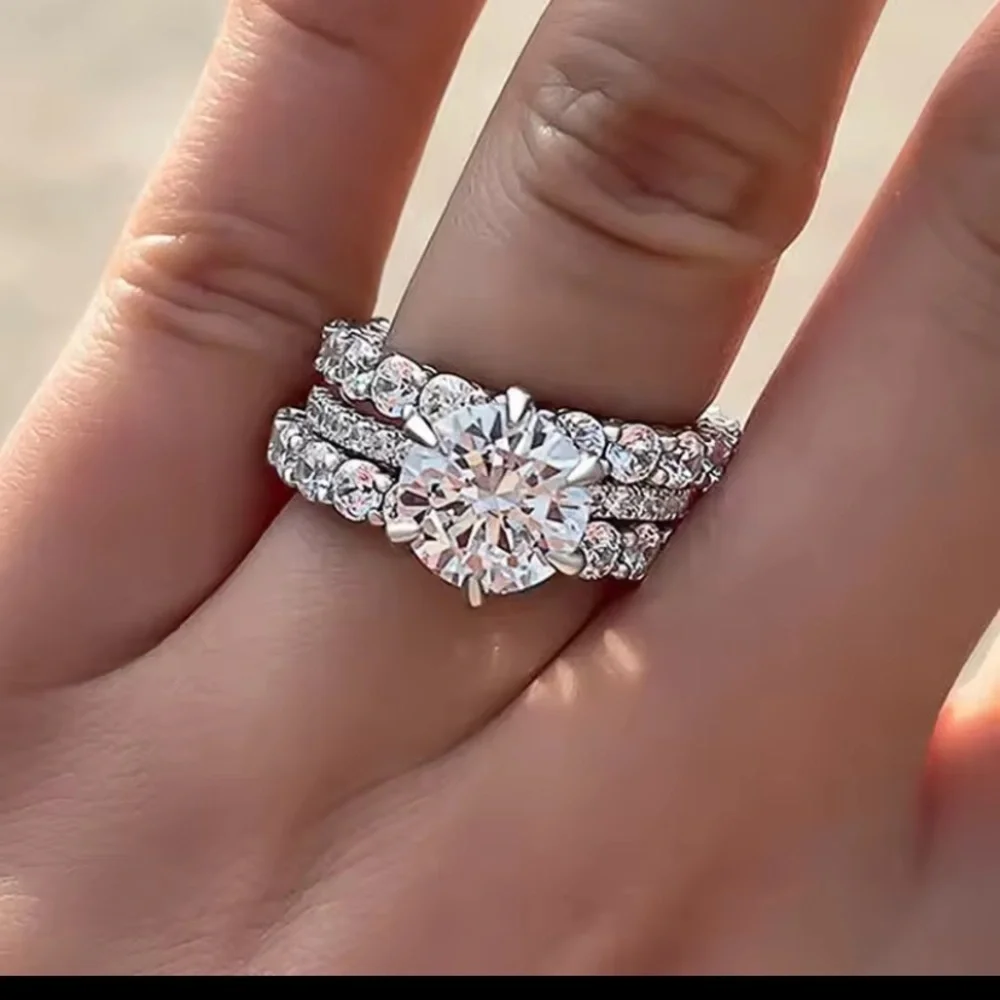 Neiman Marcus Silver-Tone Round Brilliant Solitaire with Pave Band Trio